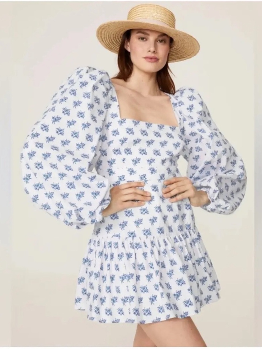 Caroline Constas Blue White Floral Puff Sleeve Peplum Dress Mini M 6212